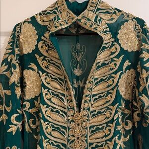 Green and Gold Embroidered Handmade Bridal Kaftan